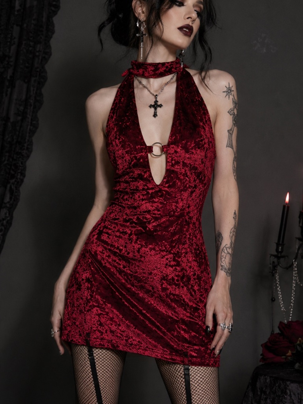 NWT Essue Burgundy Velvet Halter Dress Y2K Goth Party Club Dress S